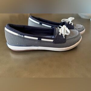 Keds Navy and White Pinstripe Slip-Ons, Women’s Size 8, Cushioned inter soles